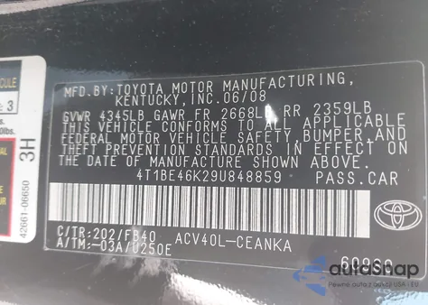 2009 Toyota Camry Le from USA, damaged, VIN 4T1BE46K29U848859